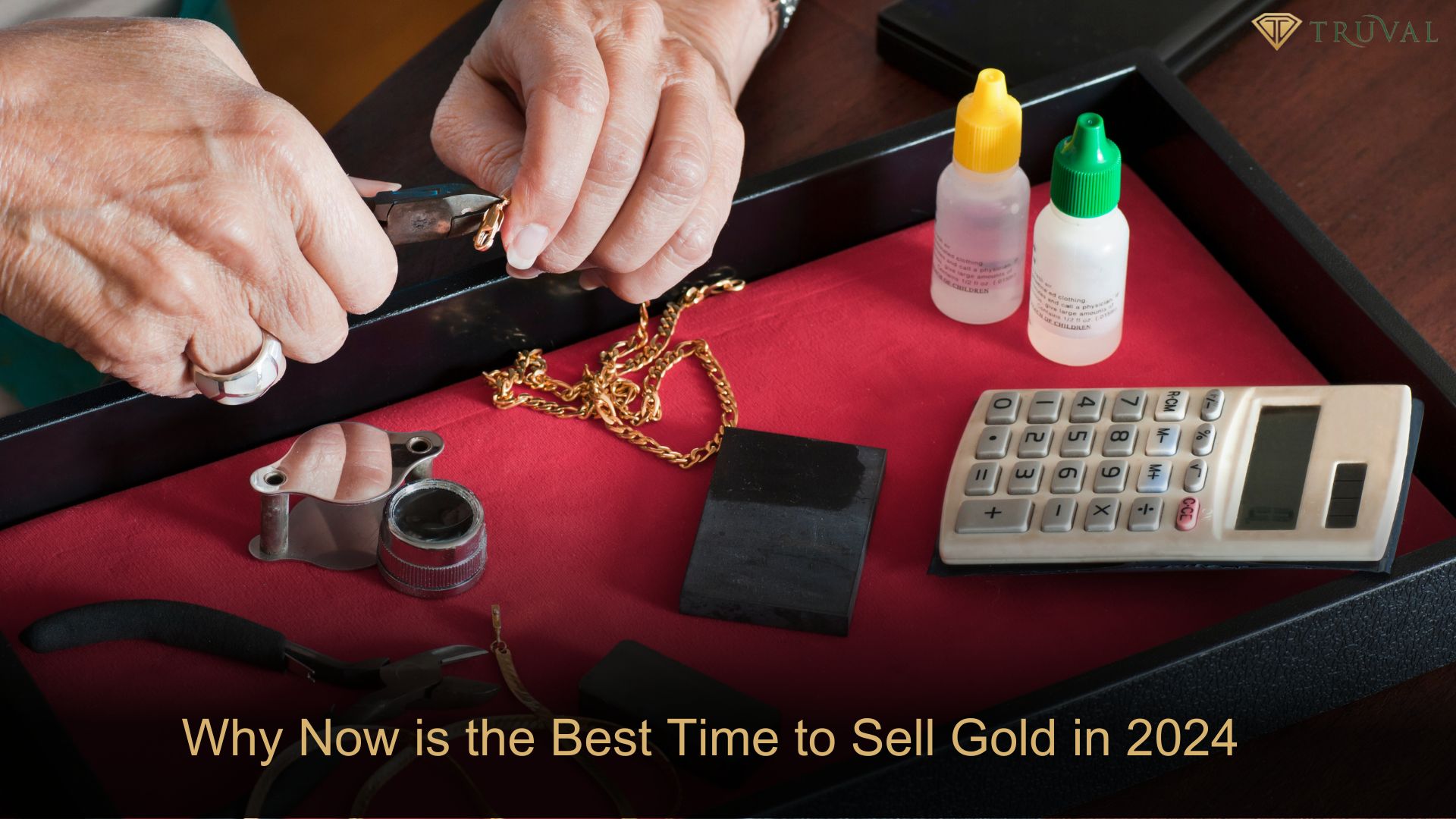 Jeweler evaluating gold chain with tools, calculator, and testing solutions, highlighting why 2024 is the best time to sell gold.