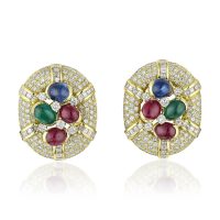 Multi-Colored Gemstone And Diamond Earclips