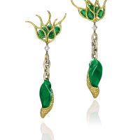 Wallace Chan Pair of Jadeite, Tsavorite Garnet and Diamond Pendent Earrings